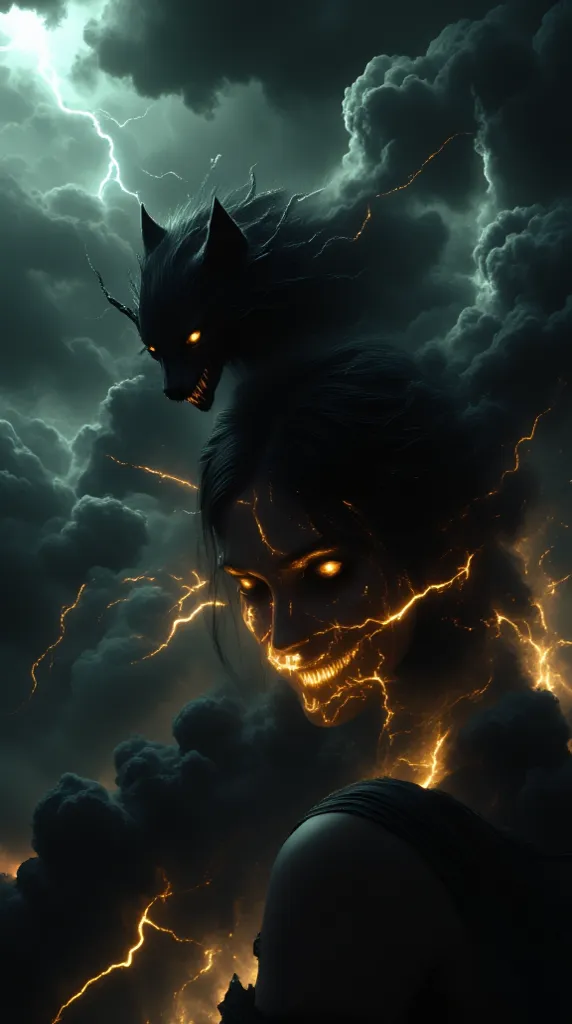 A dark and ethereal scene depicting a woman with an otherworldly aura, her profile glowing faintly against a stormy backdrop of swirling clouds. Her face is partially shrouded in shadow, with one eye radiating a fiery golden light, crackling with veins of ...