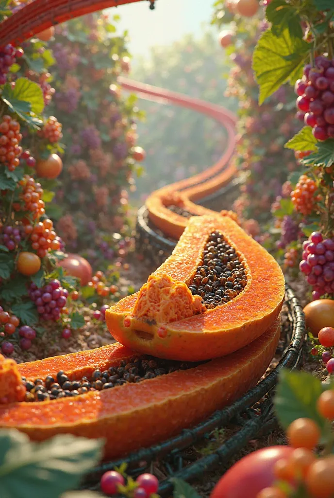 "A magical rollercoaster ride through a candy-colored fruit world, where the tracks are made from intertwined vines of grapes and the carts are crafted from carved-out papayas."