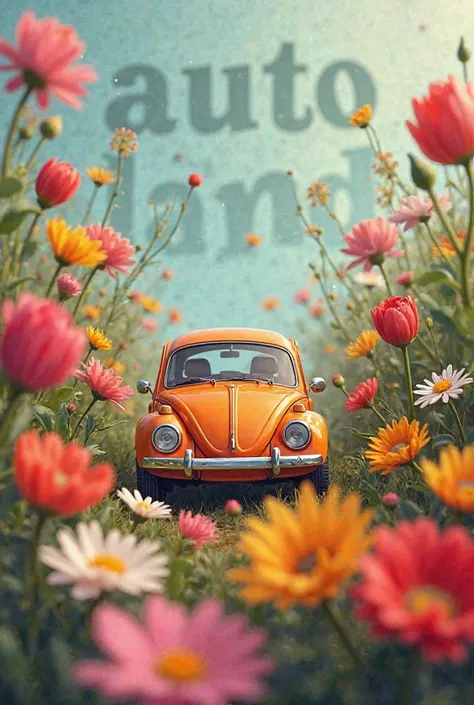 Create a card to have flowers, orange car in the trunk flowers, Autoland blurred lettering in the background. To be present at the flowers
