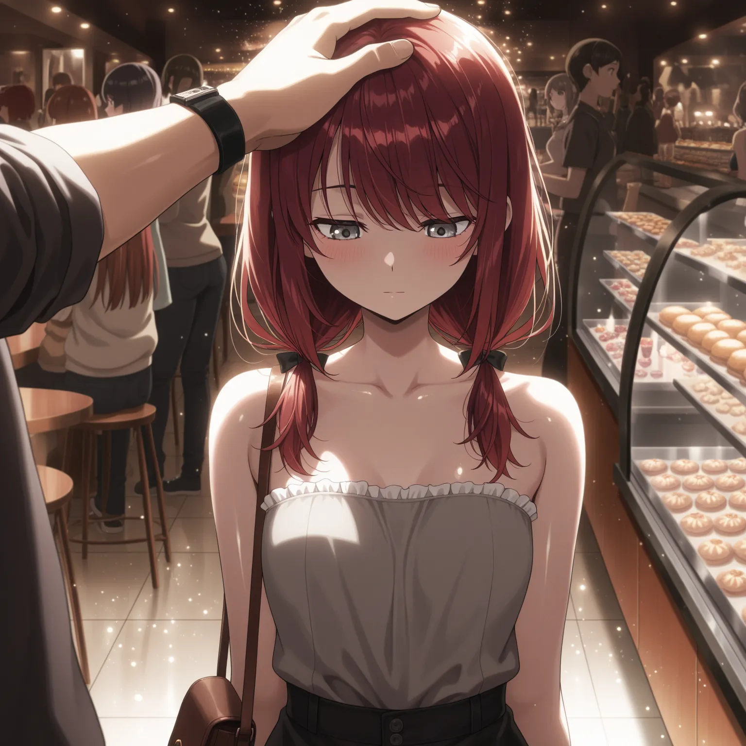 masterpiece, best quality, amazing quality,expressionless, :|, girl, ((sleeveless, bare shoulders)), from above, viewer patting girl on head, soft smile, blush, looking down, flush, gray eyes, light particles, thin, dark red hair, swept bangs, low twin tai...