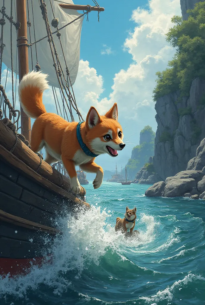 As the ship sways, Miko steps too close to the edge. A sudden gust of wind ruffles his fur, making him lose balance. His paws slip, and he tumbles overboard. A sharp yelp echoes as he falls, splashing into the rushing river below. The water swirls around h...