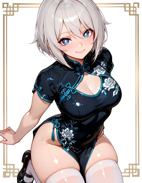 masterpiece, best quality, solo, (curvy), beautiful eyes, medium breasts,    zzLana, blue eyes, short hair, bright pupils, thighhighs, dress, bow, short sleeves, black footwear, mary janes, black dress, white thighhighs, chinese clothes, china dress, pelvi...