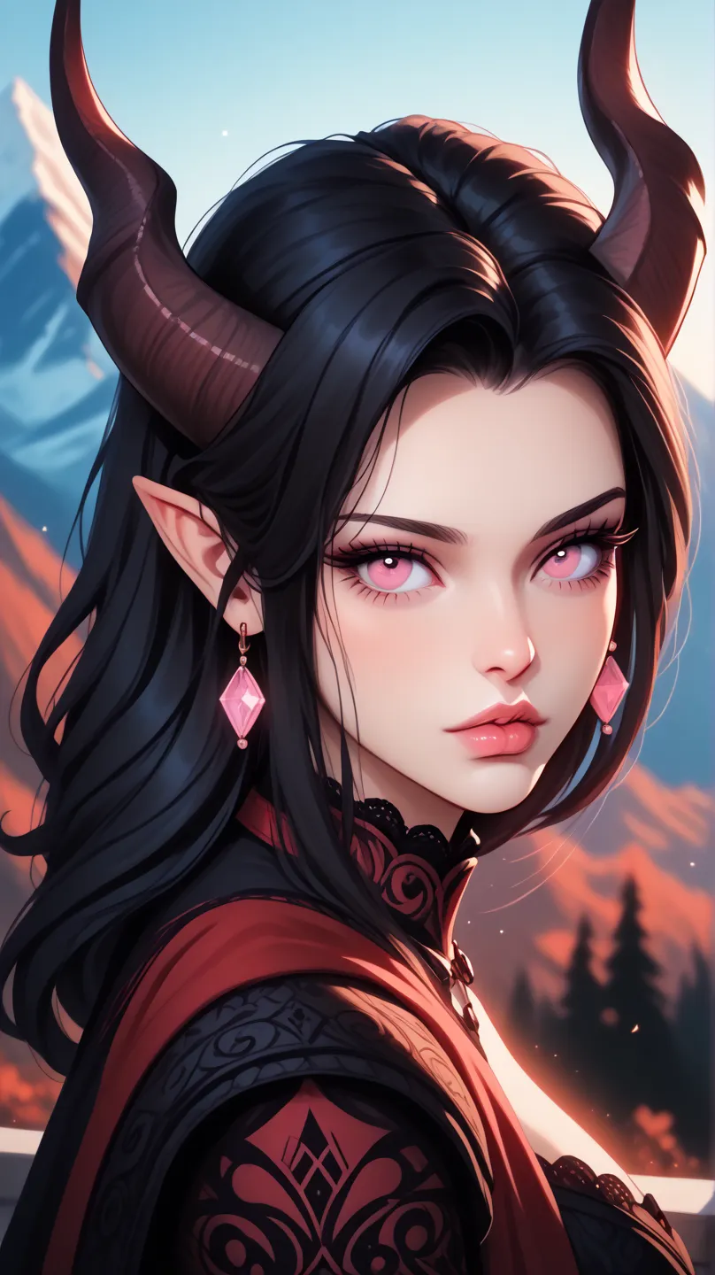  score_9, score_8_ upwards, score_7_ upwards, score_6_ upwards, score_5_ upwards, ((( beautiful, runs away from the mountain High quality))),  portrait,  tiefling,  tail ,score_9, score_8_ upwards, score_7_ upwards, disturbance, Modesty, cute face, black b...