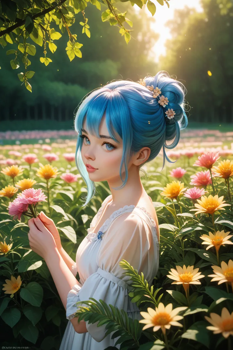 A blue-haired girl with a full body is standing shyly facing forward in a field of flowers