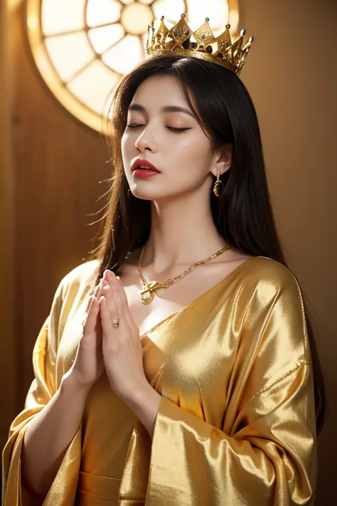 (detailed skin:1.2),(shiny skin:1.1),8k,(best quality),(photorealistic:1.4),1woman mature 50year-old, makeup,(lipstick:1.1),(eyeliner:1.2),brunette long straight hair style, eyes closed, extend fingers and put palms together prays,(bodhisattva of mercy and...