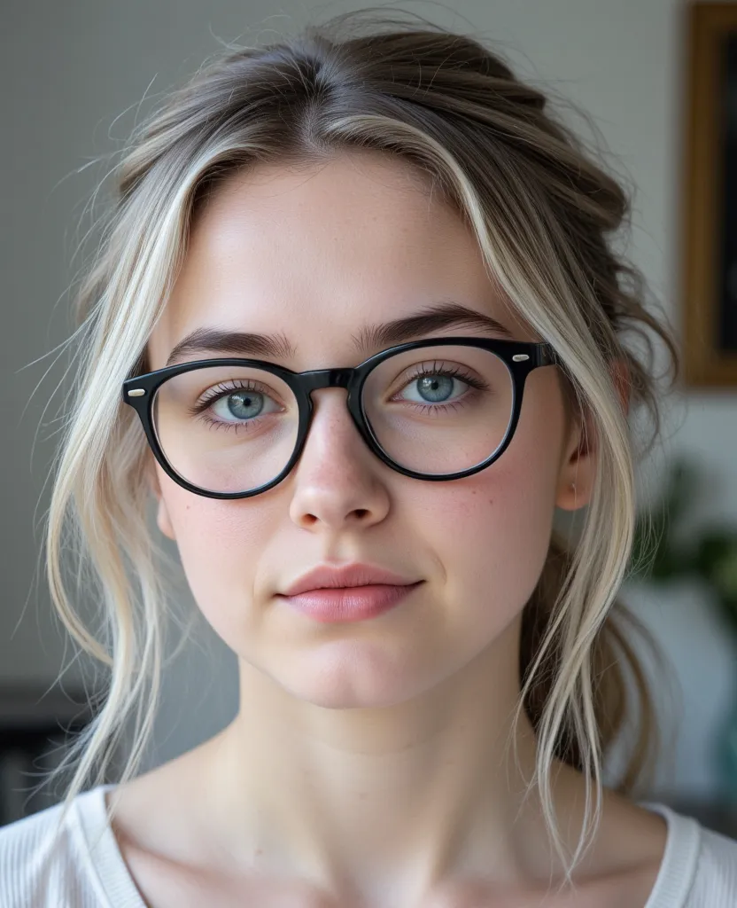 sixteen year old girl from Ireland,  157 cm tall , chubby:1.0, sky blue eyes,  messy , light gray hair, ponytail, Head tilt downwards. Very cute little stub nose that points strongly upwards,  pale white skin , realistic hair structure , she has a round fa...