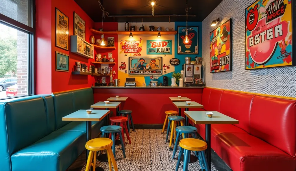 Design a small, cozy Pop Art-inspired café that feels bold, energetic, and playful. The space should incorporate bright, contrasting colors like red, blue, yellow, and black, combined with geometric patterns and comic-style graphics on accent walls. Use co...