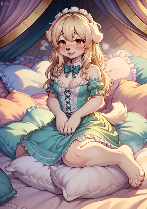 （ masterpiece，Best Quality），, {{masterpiece}}, {highres}, original, extremely detailed 8K wallpaper,，，nature,, (blush),A smile，,（Lots of Pillow），Soft cushion，（mosquito net bed ），，，，（A tail），（Around the protagonist），steam，（Pillow），（LuxuryPillow），，（，（ classi...