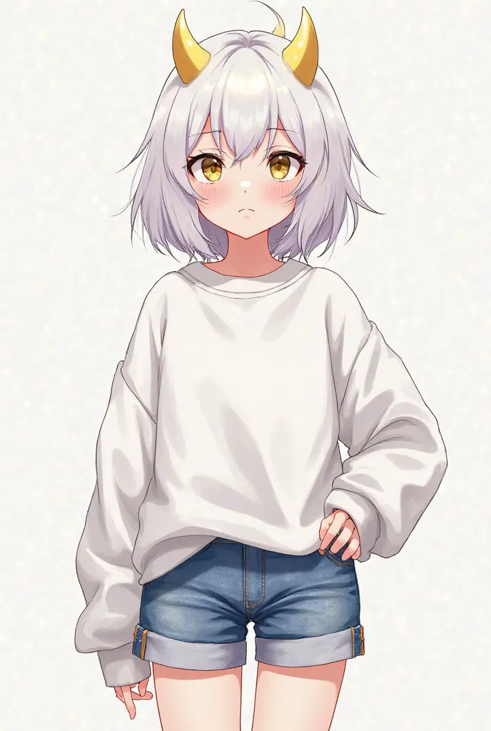 A girl in a white sweatshirt is short shorts with long ones,white hair,small yellow horns,Anime manga version 