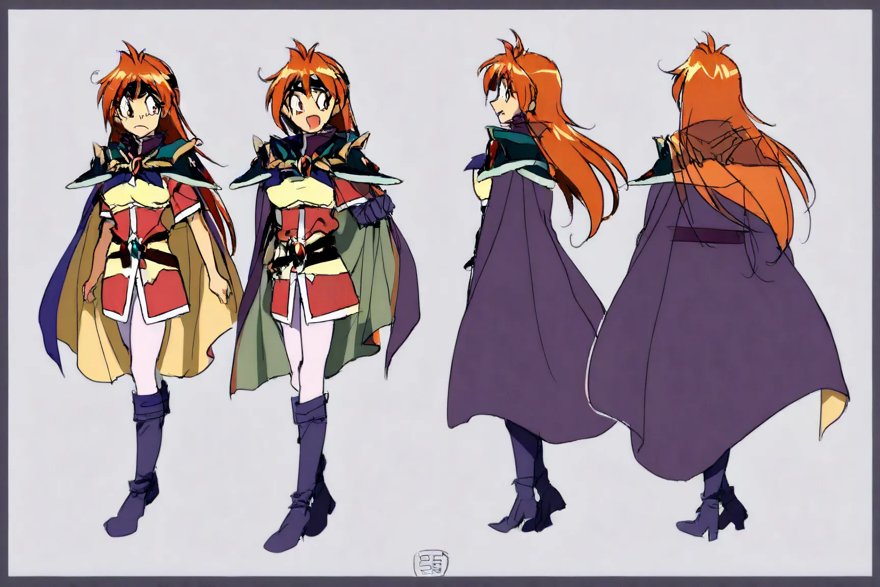 Line art, Slayers star Leena Inverse, (cute woman, red head, age 14, warlock robes, moody). Character study, head to toe visible, show her from multiple angles, blank background