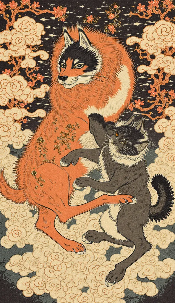 The Ukiyo-e painting depicts a divine dog fighting a divine cat. . Both animals have Japanese ornament made of winding clouds. 