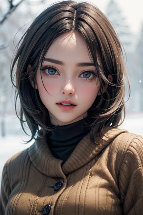 ((masterpiece)), ((highest quality)), ((complicated)), ((surreal)), (realistic), (mature woman), (( classes )), very well detailed, ( female 1 person),   Beautiful and Exquisite  , ( beautiful teeth ),  green, brown eyes, ((winter attire 1.3)), (upper body...