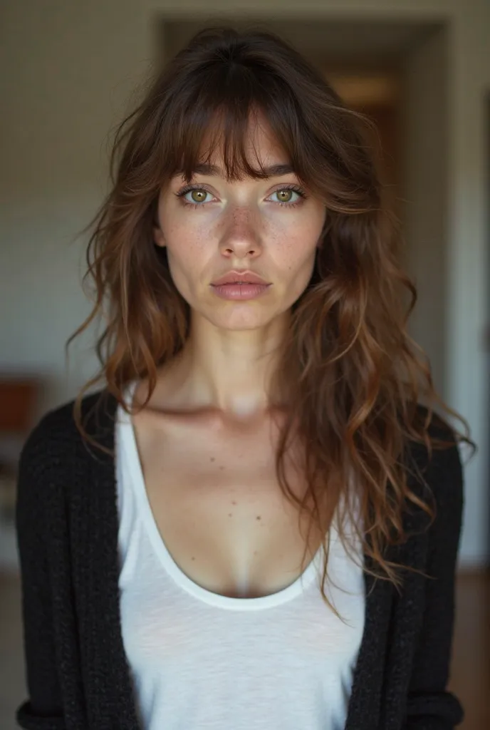 portrait of a girl with brown hair, light curls and bangs, brown eyes, slightly plump lips and a slightly larger upper lip. She is wearing a white tank top and a black cardigan over it. she is on the background in a room , storms into the living room, her ...