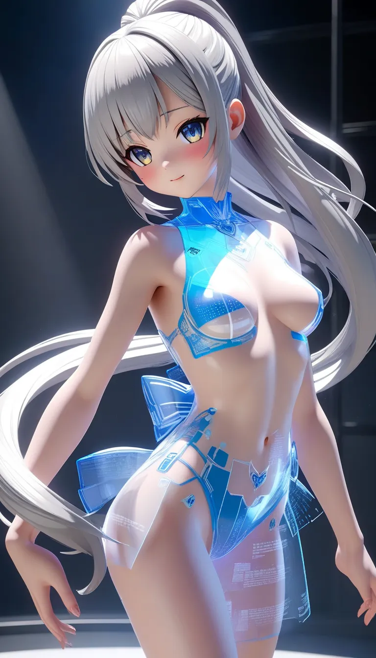 男とセックス。Light yellow mutsuki、Asagi Mutsuki、Game『Blue Archive』 characters、side tail。 Silver Hair。naked body。virtual idol  。 \  character "  atlus"\, alone, ((   Transparency ３d,   transmission processing using holographic projection , 。 clear texture  )),  。...