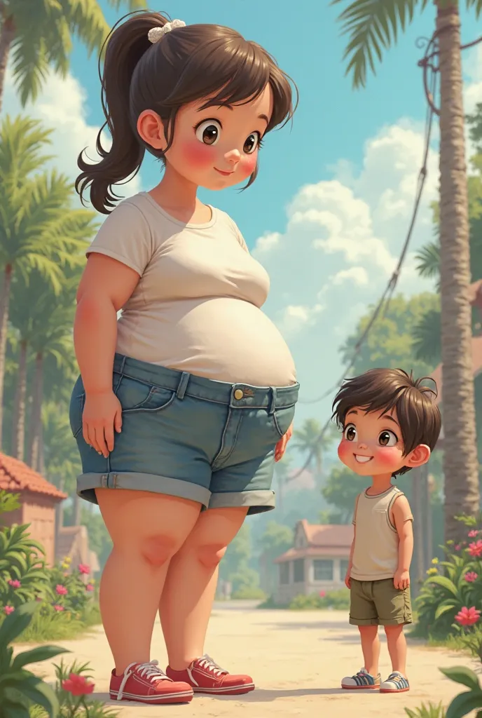 A  obese girl friendly smile has more butt than stomach the girl is very big for her age standing next to her is a boy he is  he is extremely dainty and small the girl is a giantess the girl has a smaller belly but bigger butt the girl is very pretty has a...