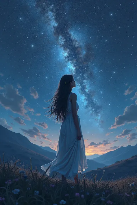 Background image for laptop girl standing with her back looking at the stars