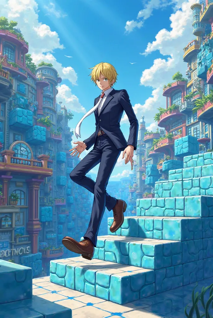 Create a picture of Sanji playing in Blue Block
