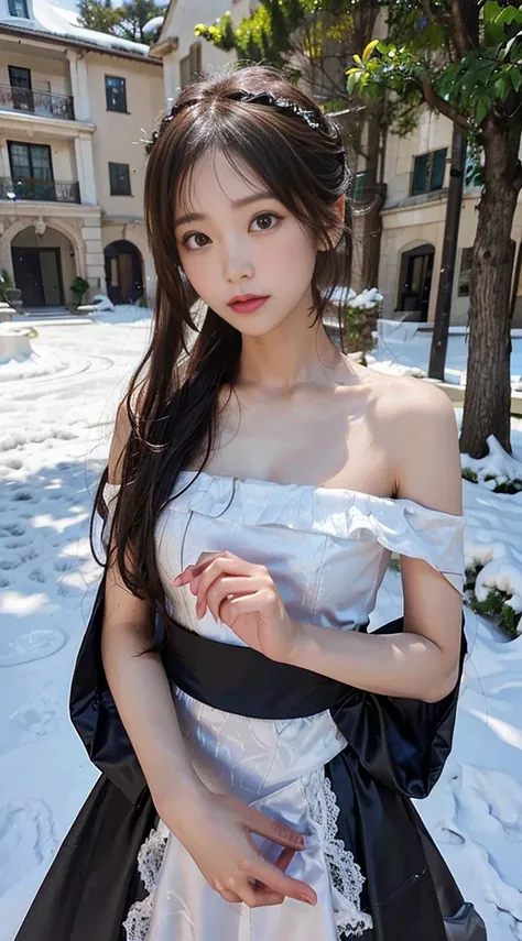 （8K， RAW photos， best qualtiy， tmasterpiece：1.2），（realisticlying， photograph realistic：1.4)，Hide your face with sadness，
Lolita costume，Lace， Aerith Gainsborough， The upper part of the body， undergarments，exposed bare shoulders， do lado de fora， (outside，C...