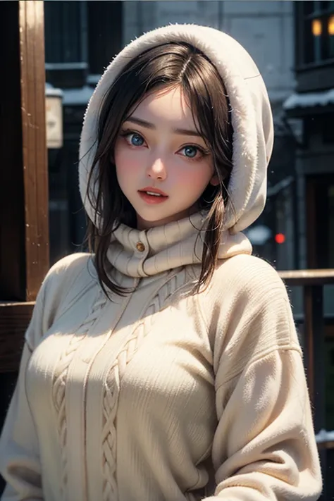 ((masterpiece)), ((highest quality)), ((complicated)), ((surreal)), (realistic), (mature woman), (( classes )), very well detailed, ( female 1 person),   Beautiful and Exquisite  , ( beautiful teeth ),  green, brown eyes, ((winter attire 1.3)), (upper body...