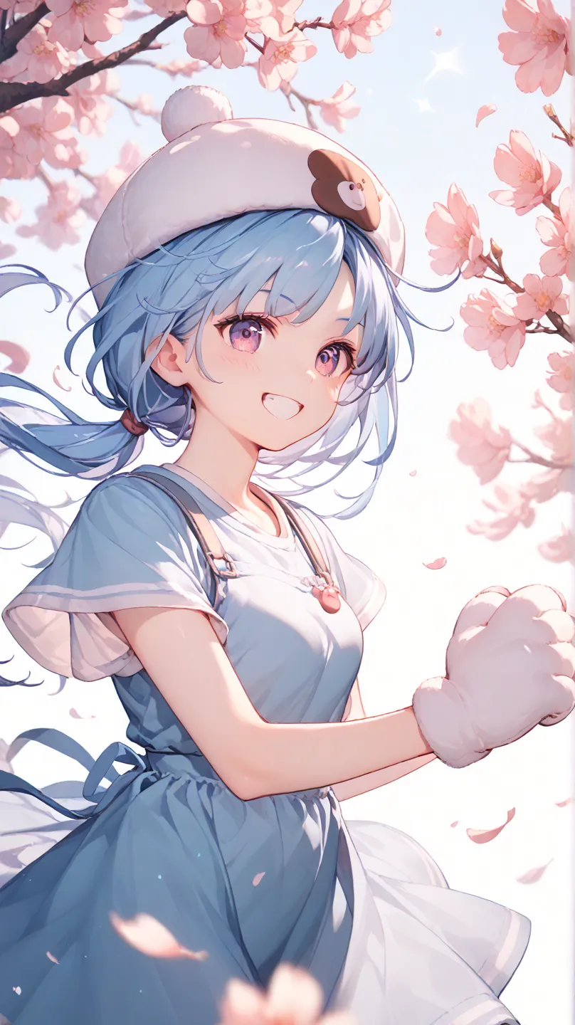 (Miho Sato: 1), highest quality, blue hair, high resolution, ultra-detailed, cherry blossoms, girl, smiling, punching with cat paw gloves, heart, long hair, low ponytail, medium bust, very detailed eyes, Snoopy hat, outdoors, wind, (detailed lighting), (de...