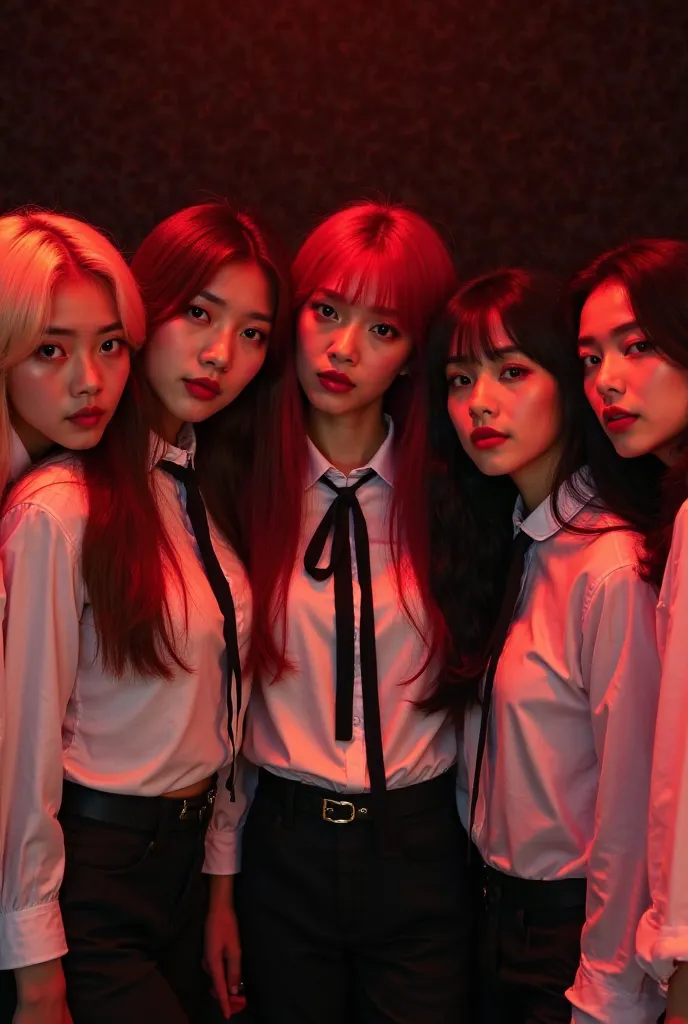 A stunning 23-year-old K-pop group with five girls. The first girl has long straight blonde hair, the second girl has short red hair, the third has long black hair with bangs, the fourth girl has long black wavy hair without bangs, and the fifth girl has l...