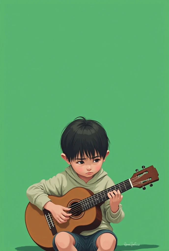 Drawing of a young boy, small, serious, relaxed, calm, with short straight black hair, playing the guitar with a completely green background without details