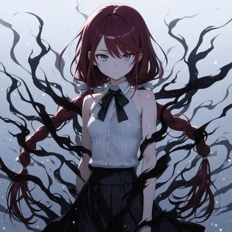 masterpiece, best quality, amazing quality,expressionless, :|, girl, encircled by black shadowy aura, light particles, thin, dark red hair, small breasts, swept bangs, low twin tails, hair ribbons, stoic, gray eyes, white sleeveless halter neck collared sh...