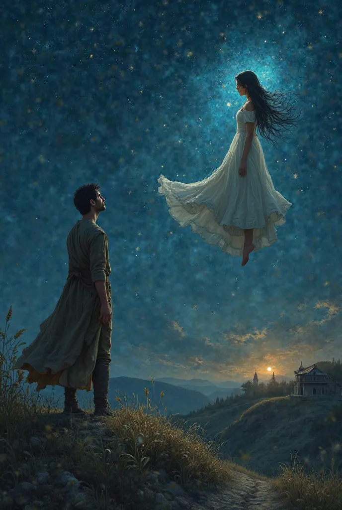 "Create an emotional fantasy-style night scene, with soft shades of deep blue, black and gold, illuminated by a starry sky where Lúmina ,  a beautiful woman   (White dress, long black hair and soft shine in shades of sky blue), hover in the firmament like ...