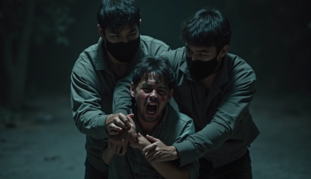 two men gripping an adult man dragging him on the surface, the adult boy is crying, and shouting, the two who are dragging him their faces recovered with masks, night time, cinematic lightening, 4k hd, napping type scenario, the adult boy is injured, some ...