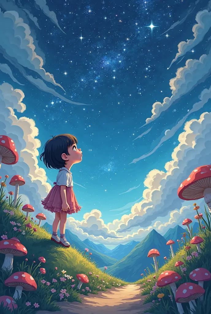 Cartoon background photo for laptop short haired girl standing on her back looking at the stars