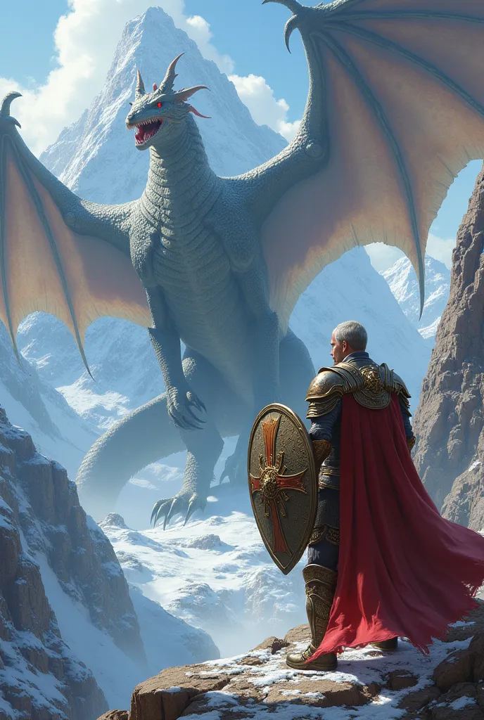 Guardrian Warrior Shield fighting a dragon on top of a mountain 