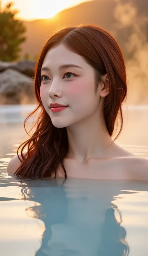 a picture of a beautiful hot spring woman gracing the cover of a hot spring magazine、photo of a beautiful woman at dusk、figure soaking up to the shoulder in the bathtub、The gesture of making a heart with both hands、((One-sided medium hair with beautiful cu...