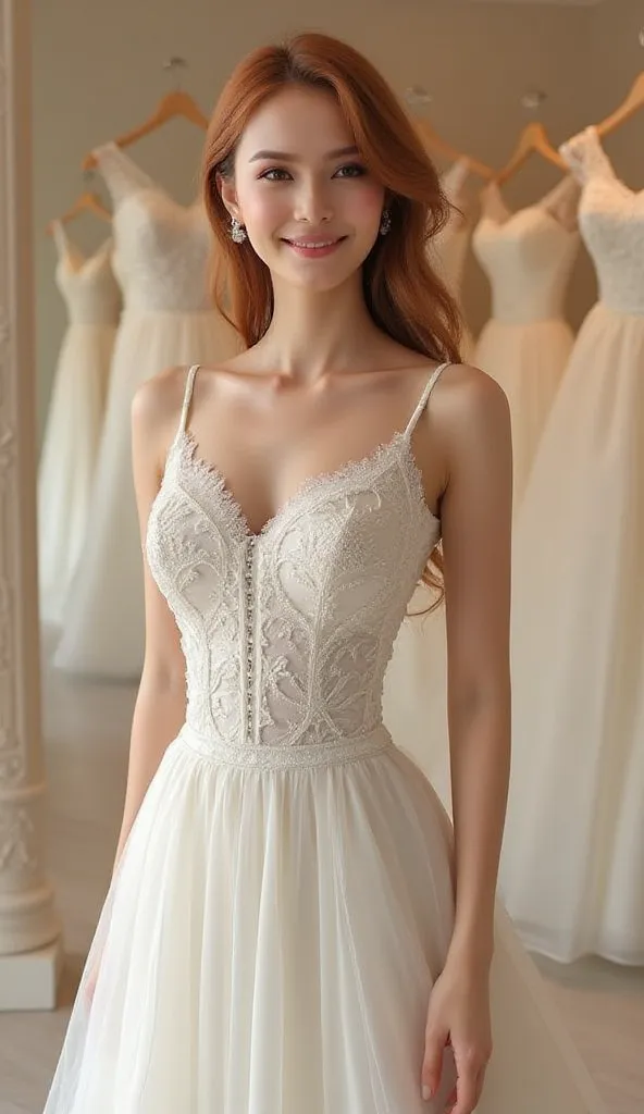 a beautiful young woman with wavy auburn hair, smile light, wearing a delicate A-line wedding dress with lace details and soft chiffon that falls to the floor. in a luxury wedding dress store.