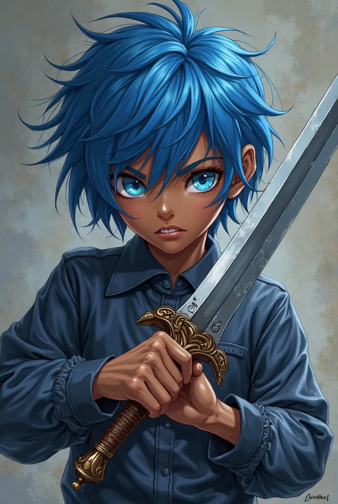 Make me a young character with messy blue hair, holding a sleek elegant sword with a leather handle, and blue eyes, anime art, man, African american