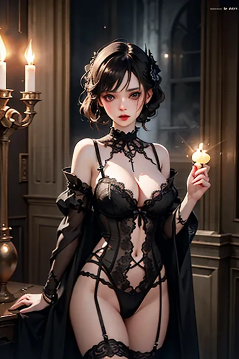 A stunning and seductive 3D animation illustration of a woman dressed in dark,  Gothic Lingerie .  with aura and loneliness ,  The bust highlights her charming outfit .   Lingerie with intricate designs and embellishments Glowing element ,  gives it a magi...