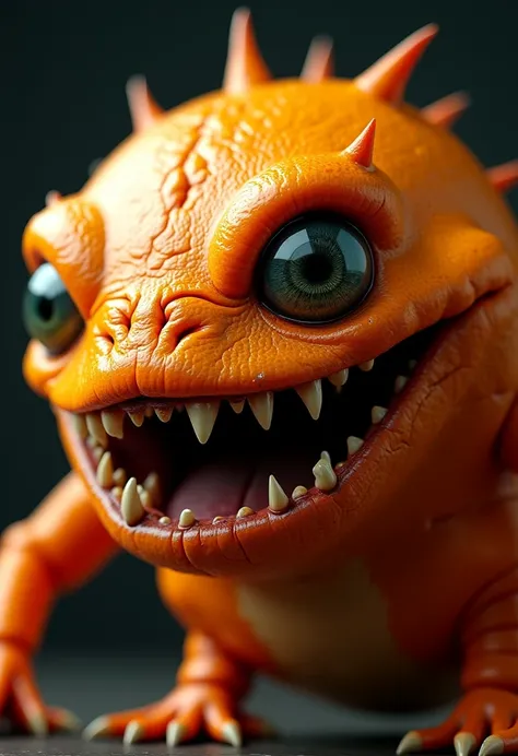 A hyper-realistic, ultra-detailed 4K render of a monstrous, living orange creature with disturbingly organic features. Its skin is deep orange, slightly wrinkled, and stretched over an overripe, swollen body, with small cracks revealing glimpses of pulpy f...