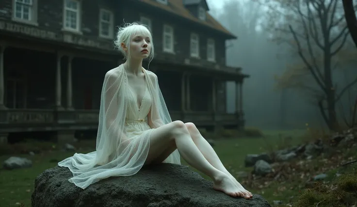  a full body picture of an albino woman, sitting on the boulder, facing to camera, crossing and exposing her beautiful legs, bare foot, wearing a transparent ancient robe. Her expression is mysterious yet serene, as she gazes off-camera. The background is ...