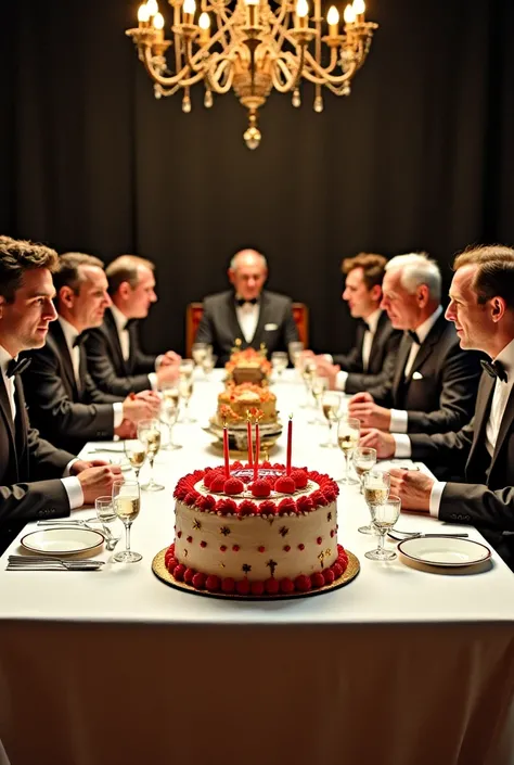 Une grande table derrière laquelle sont assis Rabelais, Monsieur Philippe de Lyon (Antheleme Nizier Philippe), Jean-Baptiste Willermoz, Rudolf Steiner et Nicolas Tesla, et sur la table au centre un gateau d'anniversaire avec marqué dessus "joyeux anniversa...