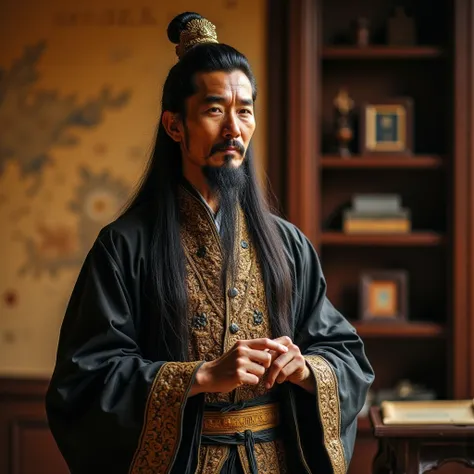  high detail， an Oriental man，Tang dynasty senior officials，Long hair banbai，sharp eyes， Thoughtful expression ，quaint and exquisite robes，gold belt， and cheerful personality ，Hand holding picture volume，In a luxurious study，，background：on the wall with a ...