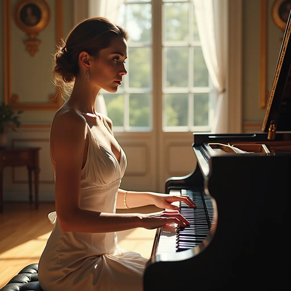 a beautiful woman playing the piano, medium format portrait, best quality, 4K, ultra-detailed, realistic, photorealistic, HDR, studio lighting, sharp focus, physically-based rendering, professional, vivid colors, bokeh, elegant woman, detailed facial featu...