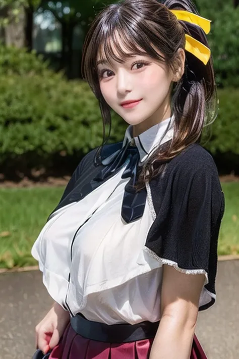 nsfw,one woman,(red mini skirt,white dress shirt,black short cape,loafers),standing,large breasts,whole body,cute face,drooping eyes,smiling,ponytail,from front,in the park,yellow ribbon,high quality,photorealistic,masterpiece,highly detailed,japanese