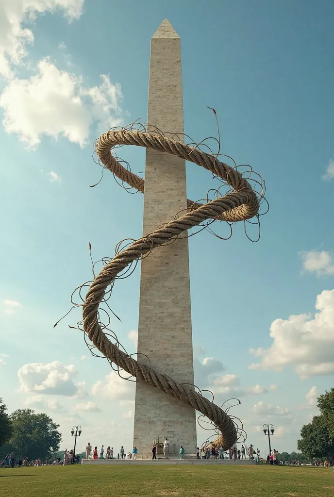 The Washington obelisk surrounded by a giant whipping lasseau, il l'entoure du bas jusqu'en haut, realistic, in broad daylight, seen from the side 10 meters above the ground, without just natural effect, sans aucune entités humaines ni animales