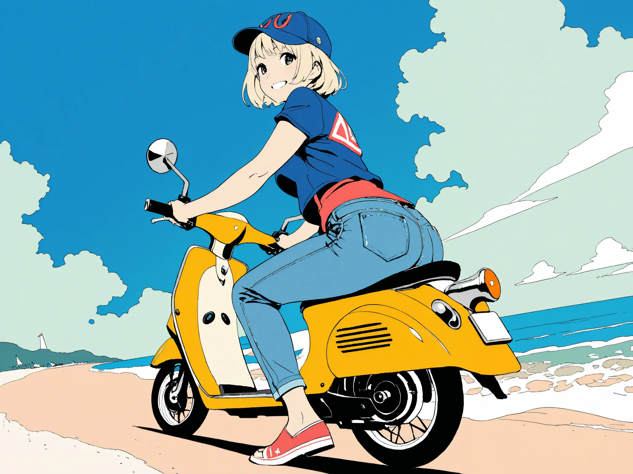  flat color:0.1,

schoolgirl, cheerful, riding scooter, short hair, blonde, fair skin, shiny skin, short, voluptuous, jeans, cap, american, on the beach, dynamic angle, from below