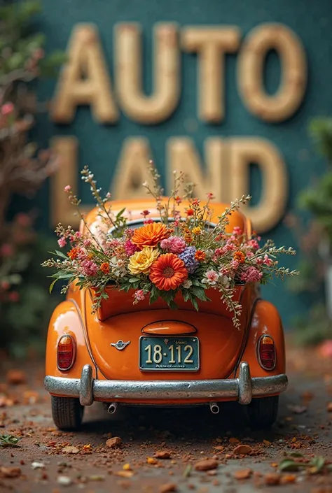 Create a card to have flowers, orange car in the trunk flowers, Autoland blurred lettering in the background. To be present at the flowers
Make a dark background