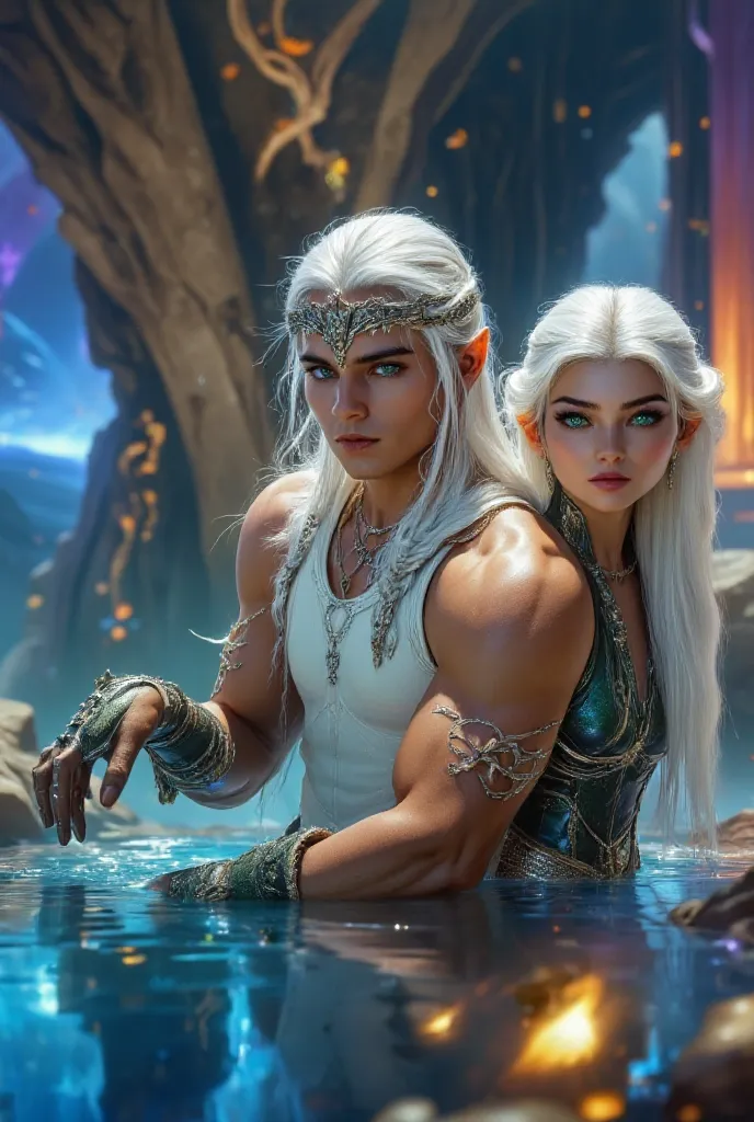 A 25-year-old elf young man with pale skin, muscular, cold blue eyes, long, silvery-white hair, long, smooth, braided on both sides of their heads, thick black eyebrows, He is wearing a silver tiara on his head, and is dressed in light white elven armor. N...