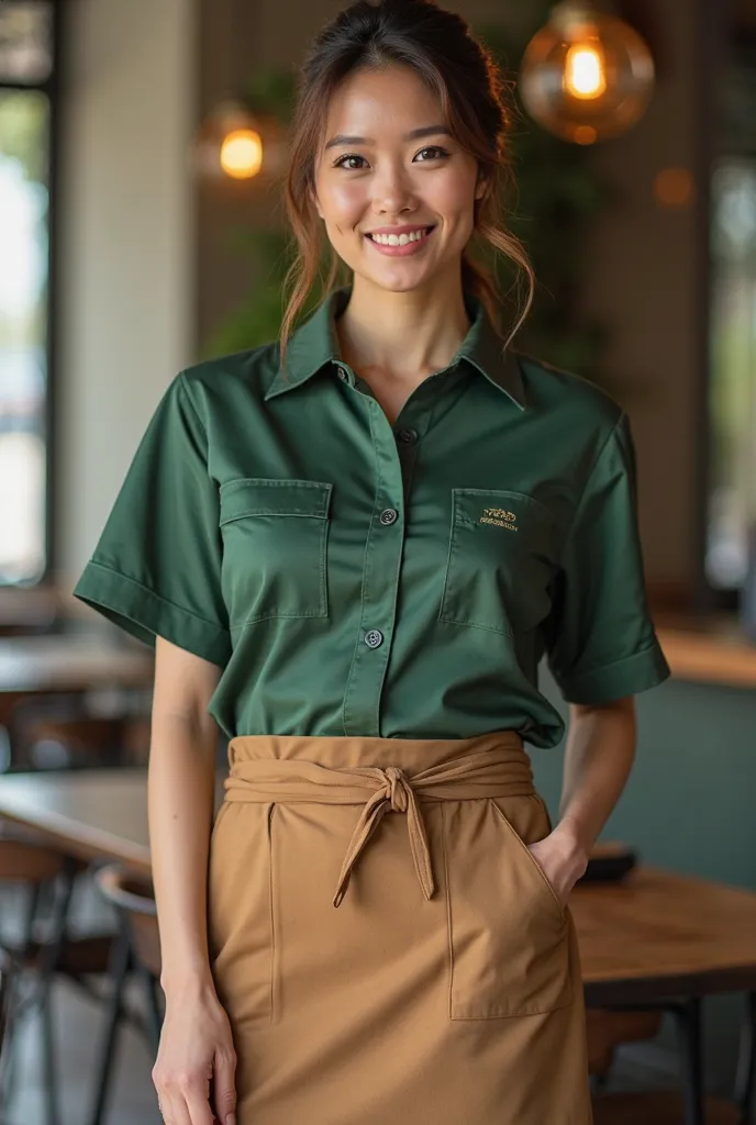 Can you generate an image of a casual Restaurant Manager uniform? For men and women restaurant manager (colors: kombu green, moss green, tan)