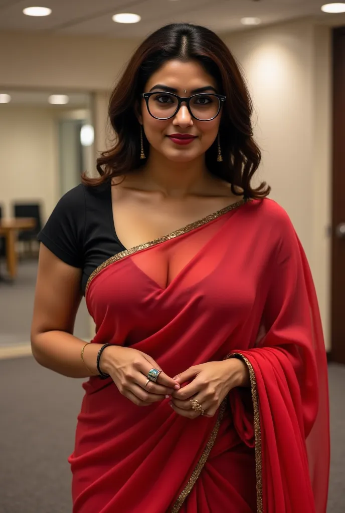 Priyanka is a 25 year old sexy Indian volouptous lady, she is wearing a low-neck red and black formal saree and blouse showing her huge cleavage. Her hair is gently flowing upto her shoulder, her boobs are 48 DD sized,  she is wearing black rimmed glasses....