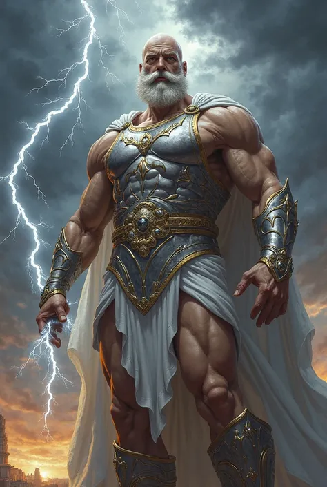 Zues holds a lightning bolt, skinny, shinning silver armor, sandal, moustache, baldness