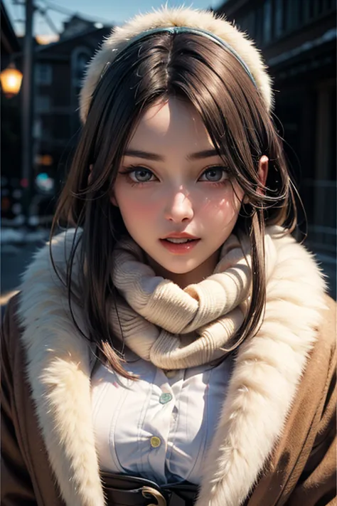 ((masterpiece)), ((highest quality)), ((complicated)), ((surreal)), (realistic), (mature woman), (( classes )), very well detailed, ( female 1 person),   Beautiful and Exquisite  , ( beautiful teeth ),  green, brown eyes, ((winter attire 1.3)), (upper body...