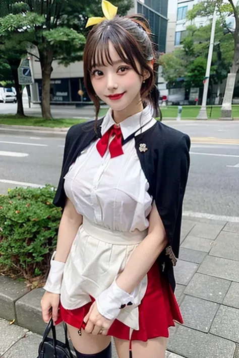 nsfw,one woman,(red mini skirt,white dress shirt,black short cape,loafers),standing,large breasts,whole body,cute face,drooping eyes,smiling,ponytail,from front,in the park,yellow ribbon,high quality,photorealistic,masterpiece,highly detailed,japanese